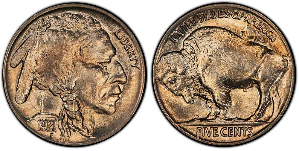 Close-up of 1920 Buffalo Nickel Two Feathers FS-401 variety showing only two feathers in the headdress with third feather polished away