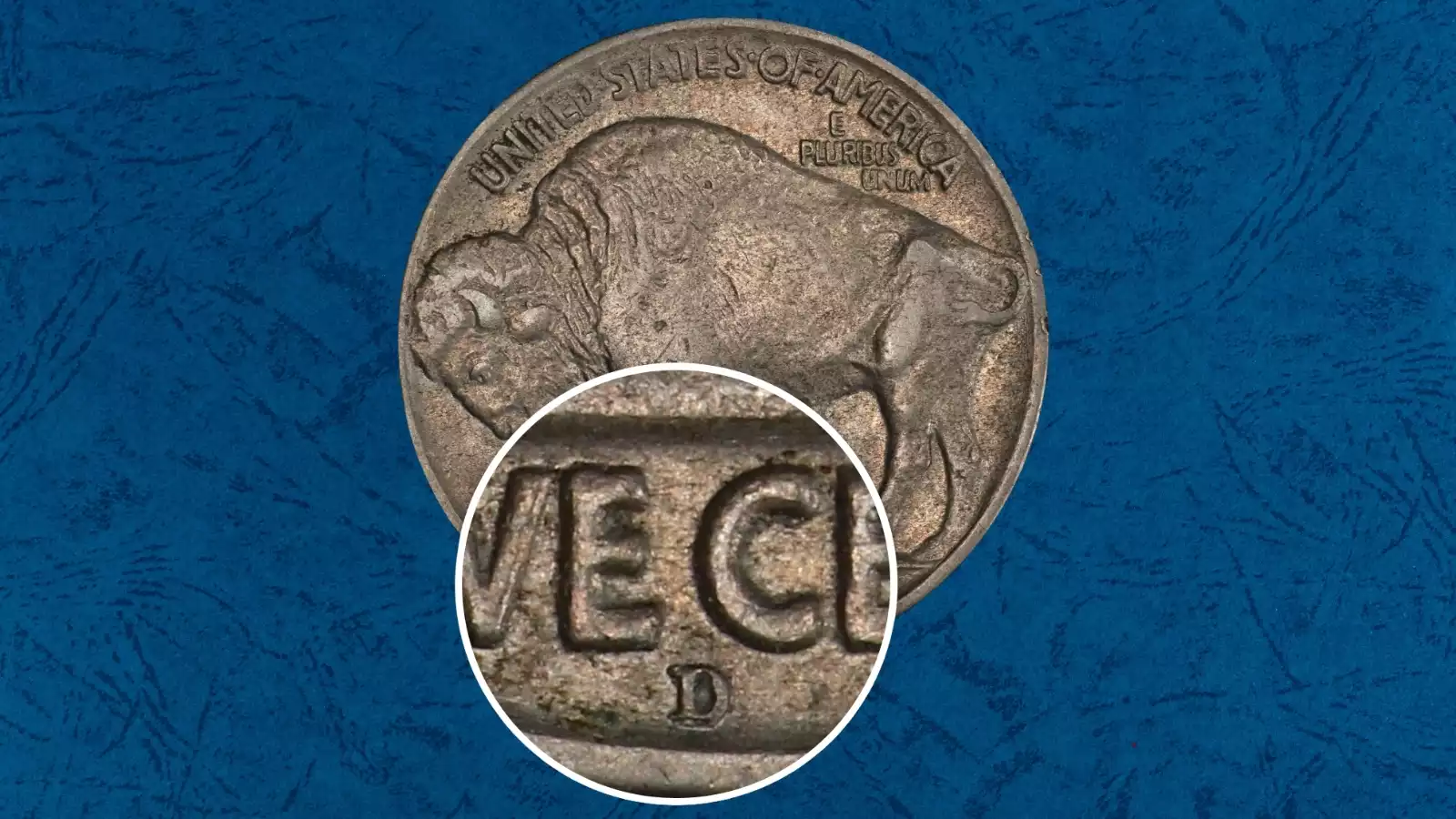 Close-up of 1920-D Buffalo Nickel reverse showing the repunched D/D mint mark FS-502 variety with secondary D impression visible