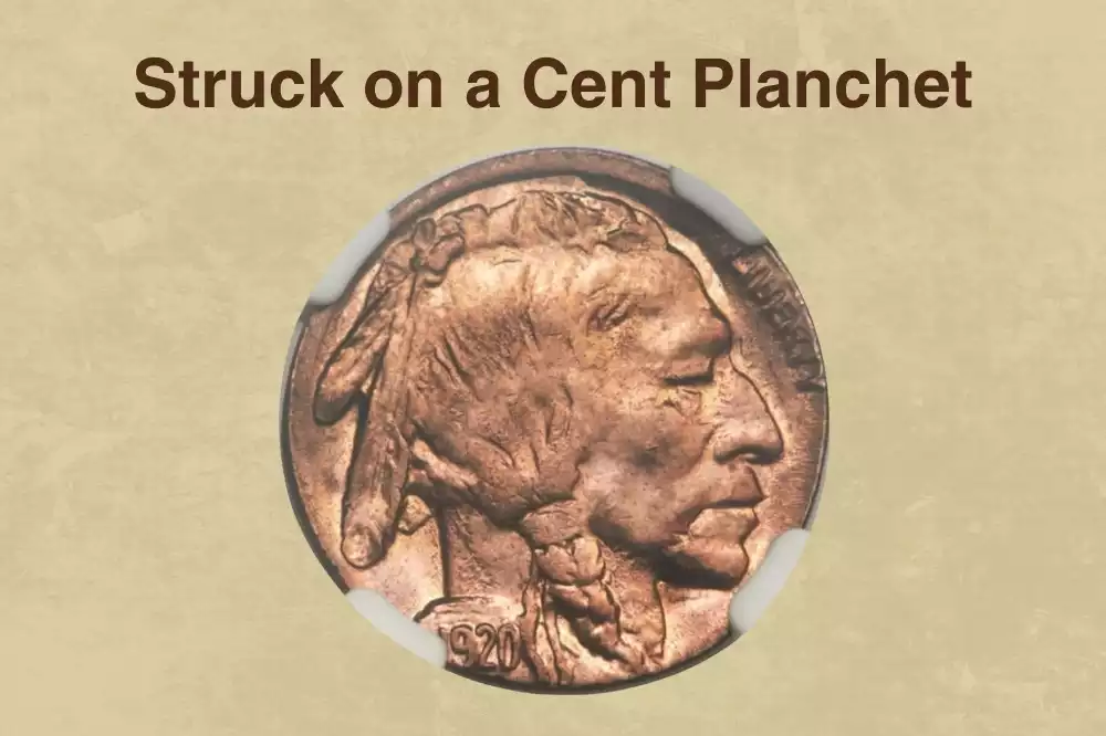 1920 Buffalo Nickel struck on a Lincoln cent planchet showing smaller size, bronze color, and truncated design edges compared to a normal nickel
