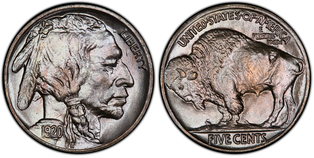 1920 Buffalo Nickel grading strip showing four condition tiers from worn Good grade through Gem Mint State